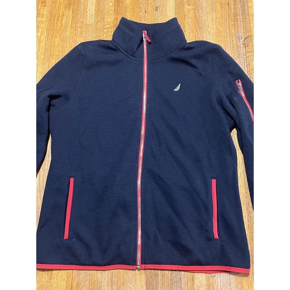 Nautica Men Medium Navy Red Nautex Fleece‎ Mock Neck Full Zip Casual Jacket